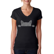 Load image into Gallery viewer, Peeking Cat - Women&#39;s Word Art V-Neck T-Shirt
