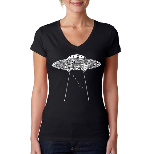 Flying Saucer UFO - Women's Word Art V-Neck T-Shirt