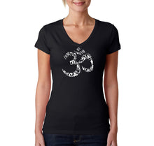 Load image into Gallery viewer, THE OM SYMBOL OUT OF YOGA POSES - Women&#39;s Word Art V-Neck T-Shirt
