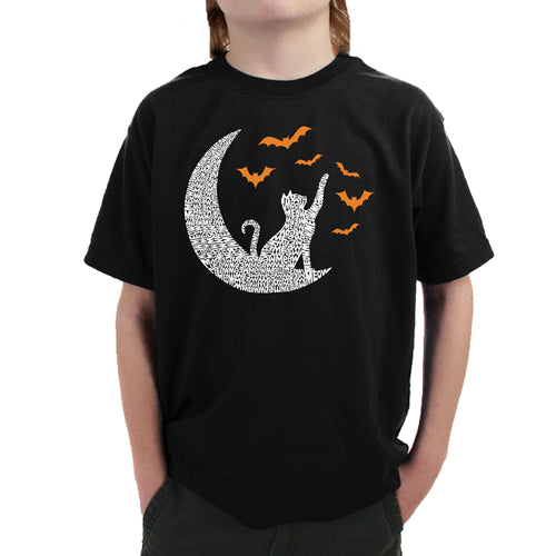 Halloween Cat Moon - Boy's Word Art T-Shirt