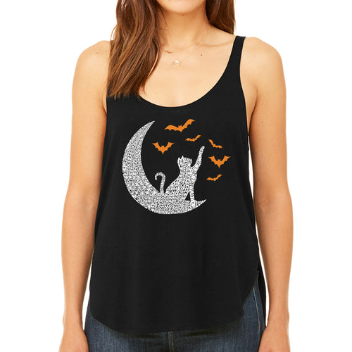 Halloween Cat Moon - Women's Premium Word Art Flowy Tank Top