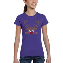 Load image into Gallery viewer, Peeking Reindeer - Girl's Word Art T-Shirt