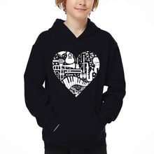 Load image into Gallery viewer, Musical Instrument Heart - Boy's Word Art Hooded Sweatshirt