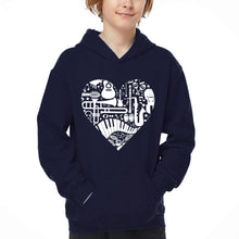 Load image into Gallery viewer, Musical Instrument Heart - Boy's Word Art Hooded Sweatshirt