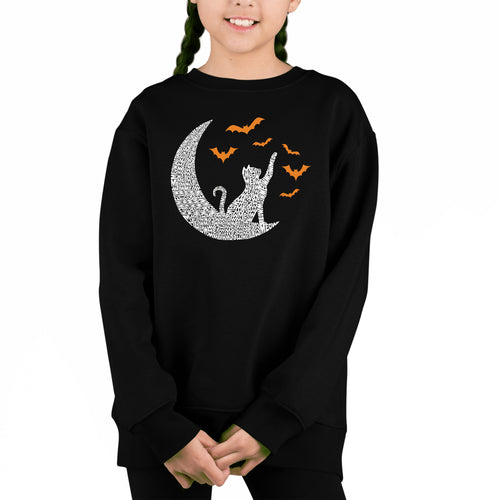 Halloween Cat Moon - Girl's Word Art Crewneck Sweatshirt