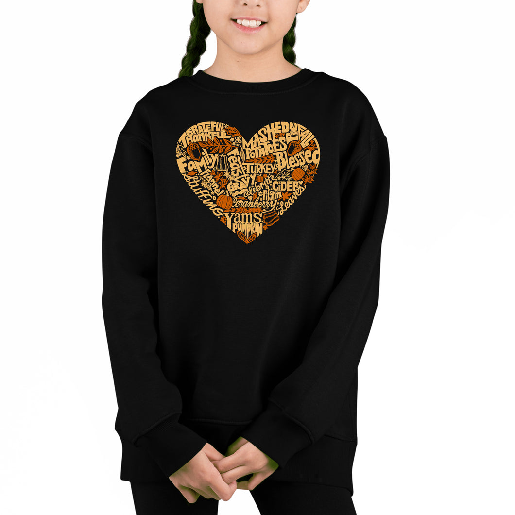 Thanksgiving Heart - Girl's Word Art Crewneck Sweatshirt