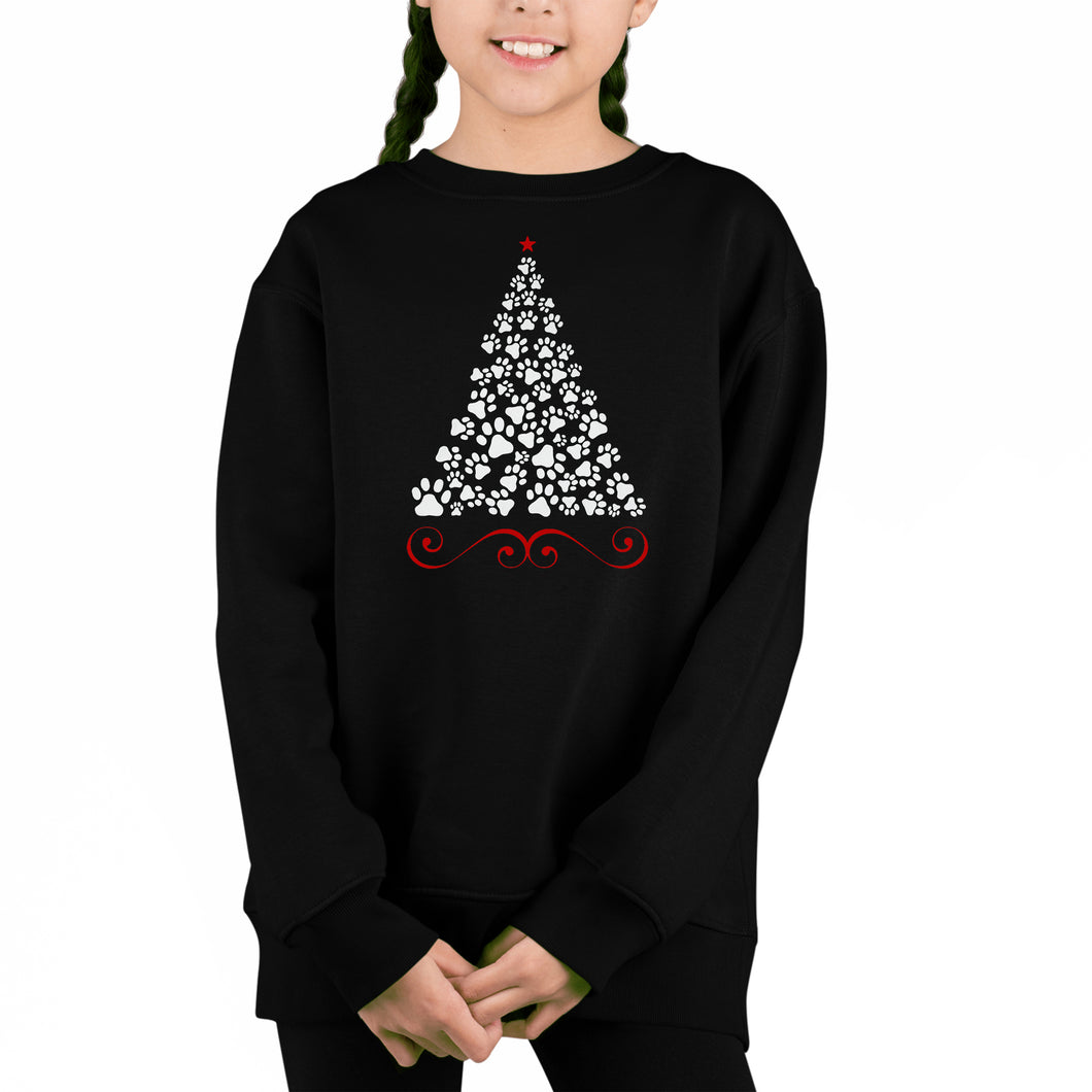 Paw Christmas Tree - Girl's Word Art Crewneck Sweatshirt