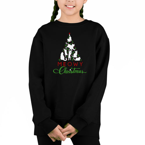 Meowy Christmas Tree - Girl's Word Art Crewneck Sweatshirt