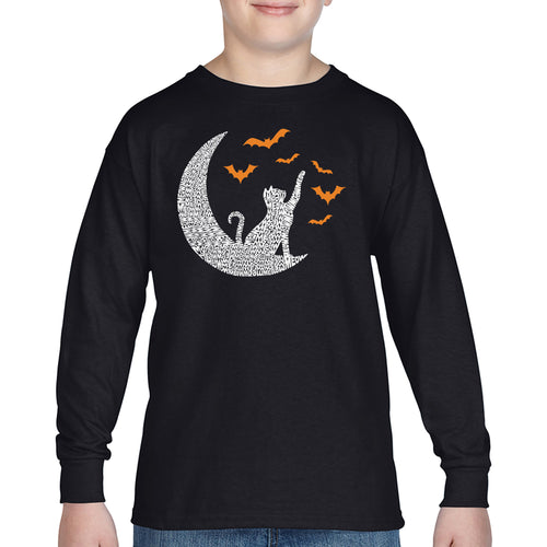 Halloween Cat Moon - Boy's Word Art Long Sleeve T-Shirt