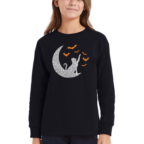 Halloween Cat Moon - Girl's Word Art Long Sleeve T-Shirt