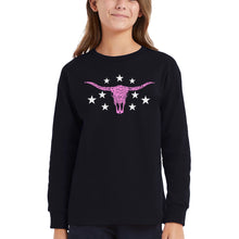 Load image into Gallery viewer, Cowgirl Cowskull - Girl's Word Art Long Sleeve T-Shirt