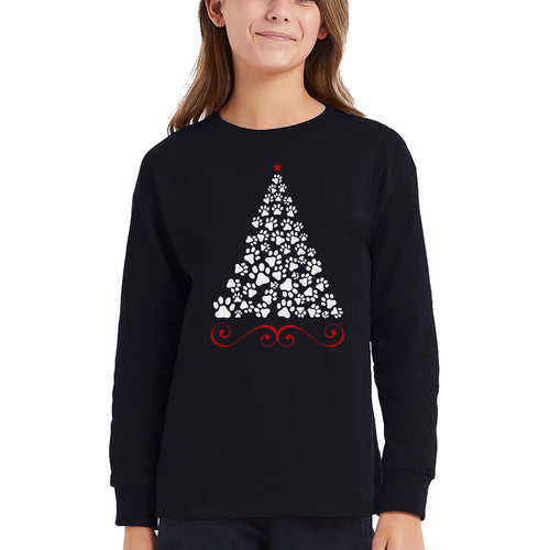 Paw Christmas Tree - Girl's Word Art Long Sleeve T-Shirt