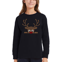 Load image into Gallery viewer, Peeking Reindeer - Girl's Word Art Long Sleeve T-Shirt