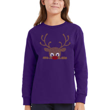 Load image into Gallery viewer, Peeking Reindeer - Girl's Word Art Long Sleeve T-Shirt