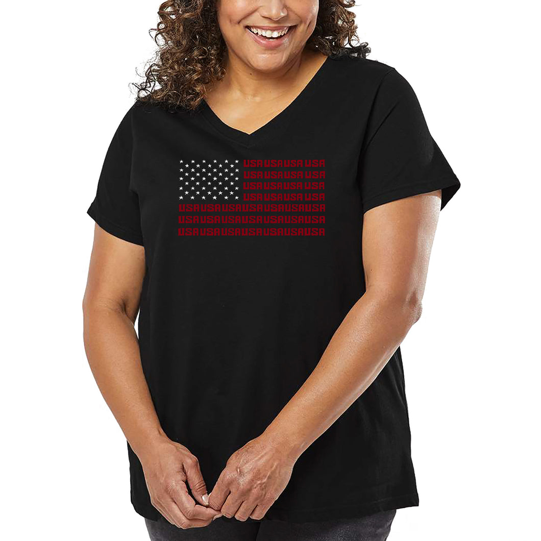 Women's Plus Size Word Art V-Neck - USA Flag