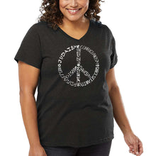 Load image into Gallery viewer, Women&#39;s Plus Size Word Art V-Neck - Different Faiths peace sign