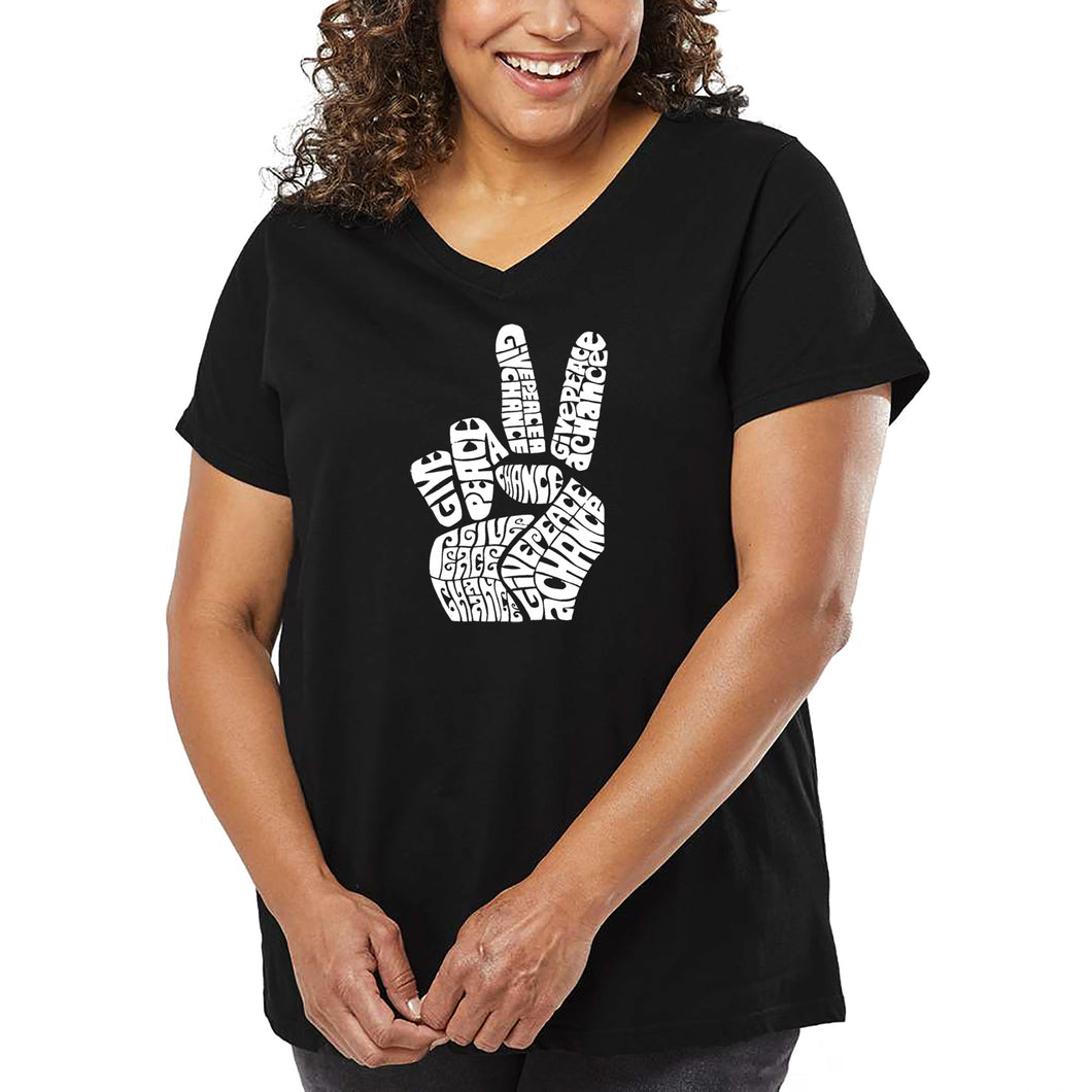 Women's Plus Size Word Art V-Neck - PEACE FINGERS