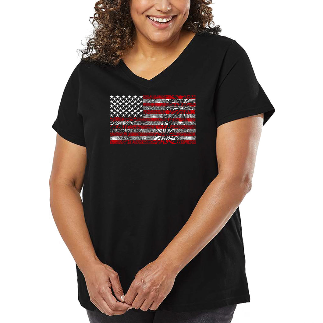 Women's Plus Size Word Art V-Neck - Fireworks American Flag