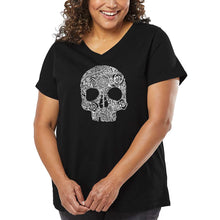 Load image into Gallery viewer, Women&#39;s Plus Size Word Art V-Neck - Flower Skull