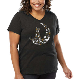Cat Sitting On Moon - Women's Plus Size Word Art V-Neck