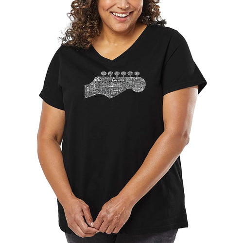 Women's Plus Size Word Art V-Neck - Guitar Head
