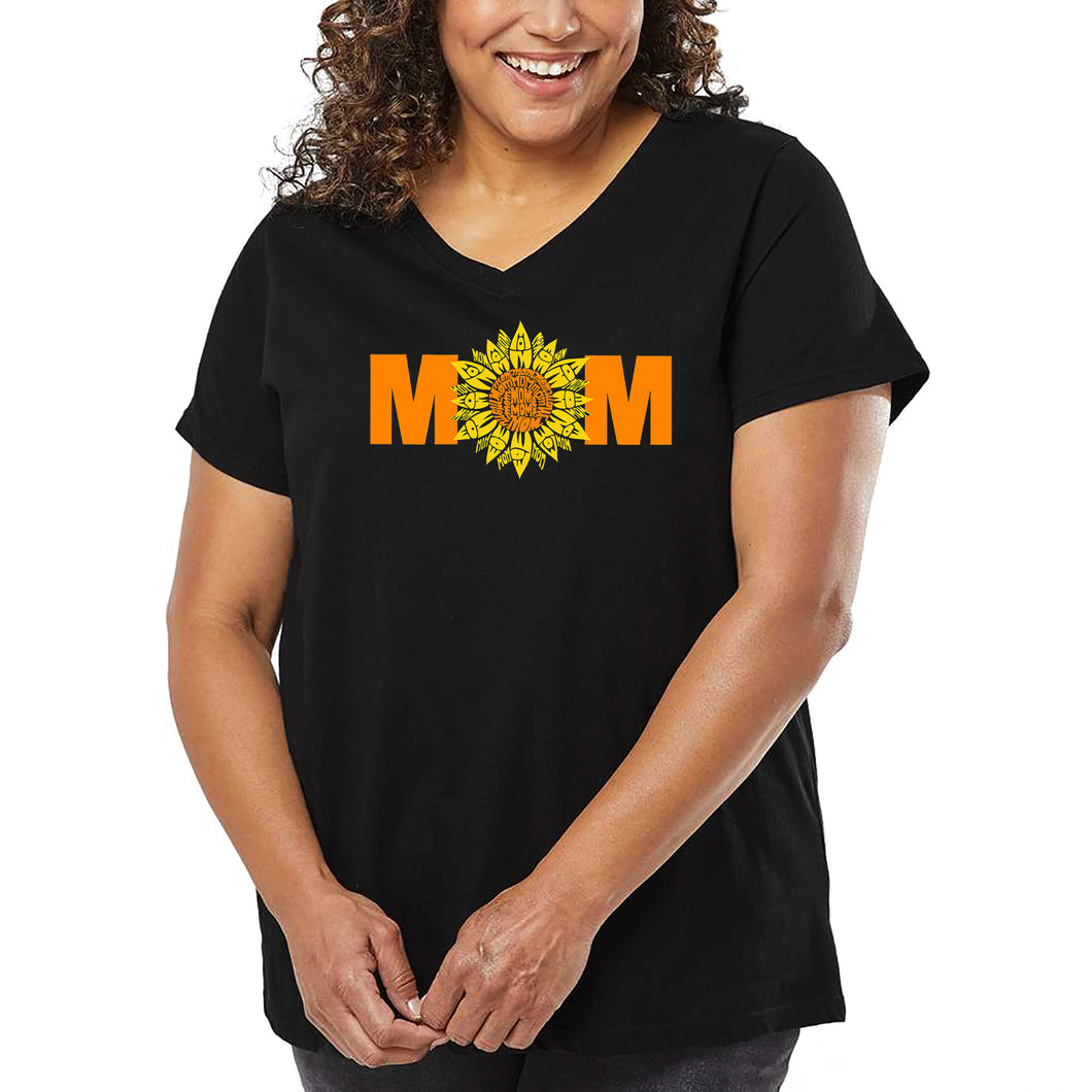 Women's Plus Size Word Art V-Neck - Mom Sunflower