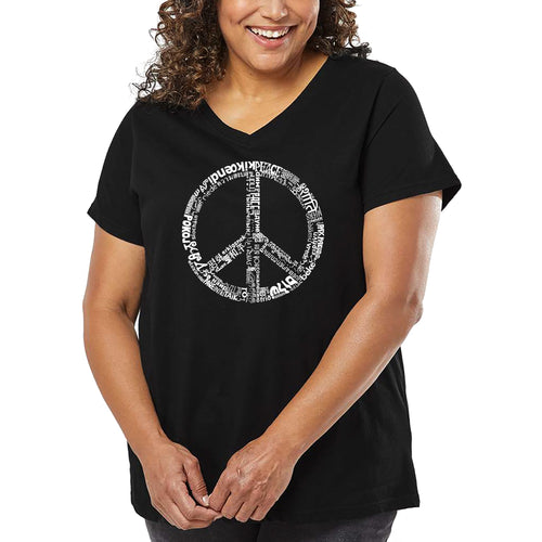 Women's Plus Size Word Art V-Neck - THE WORD PEACE IN 77 LANGUAGES