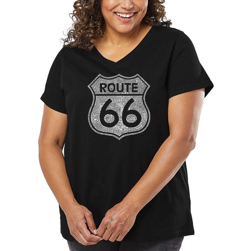 Women's Plus Size Word Art V-Neck - CITIES ALONG THE LEGENDARY ROUTE 66