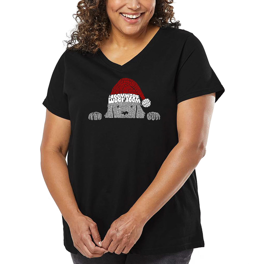 Christmas Peeking Dog - Women's Plus Size Word Art V-Neck
