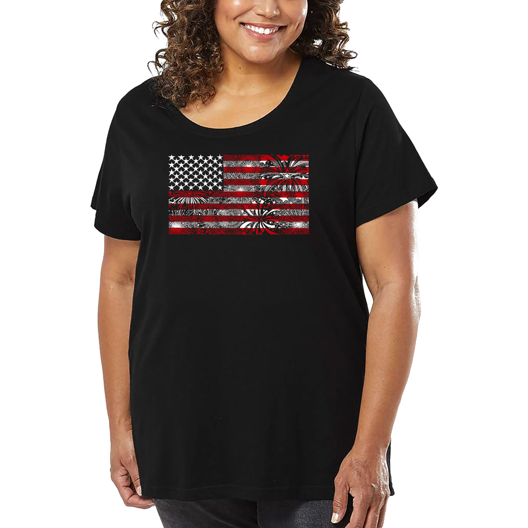 Women's Plus Size Word Art T-shirt - Fireworks American Flag