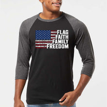 Load image into Gallery viewer, Faith Flag - Men's Raglan Baseball Word Art T-Shirt