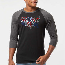 Load image into Gallery viewer, USA Fireworks - Men's Raglan Baseball Word Art T-Shirt