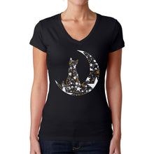 Load image into Gallery viewer, Cat Sitting On Moon - Women's Word Art V-Neck T-Shirt