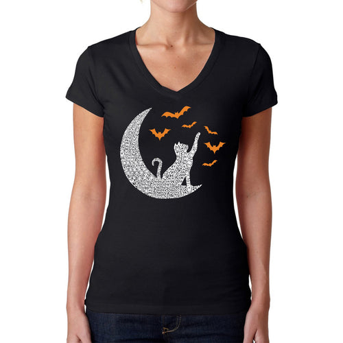 Halloween Cat Moon - Women's Word Art V-Neck T-Shirt