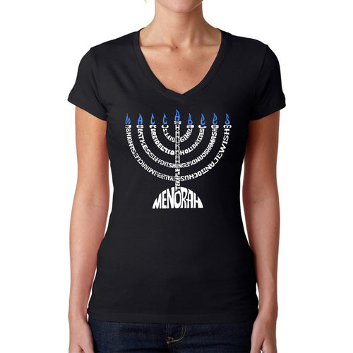 Hanukkah Menorah - Women's Word Art V-Neck T-Shirt