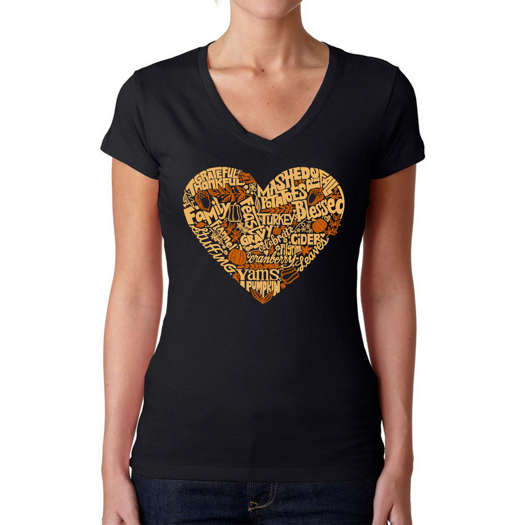 Thanksgiving Heart - Women's Word Art V-Neck T-Shirt