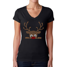 Load image into Gallery viewer, Peeking Reindeer - Women's Word Art V-Neck T-Shirt