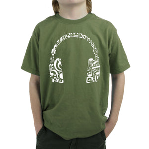 Music Note Headphones - Boy's Word Art T-Shirt
