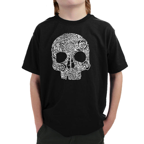 Flower Skull  - Boy's Word Art T-Shirt