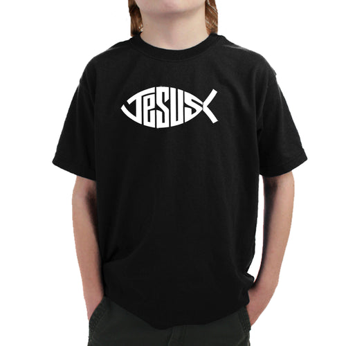 Christian Jesus Name Fish Symbol - Boy's Word Art T-Shirt