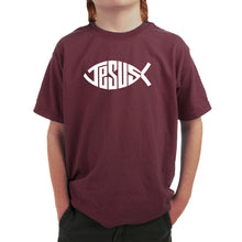 Load image into Gallery viewer, Christian Jesus Name Fish Symbol - Boy&#39;s Word Art T-Shirt