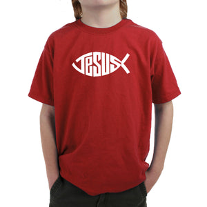 Christian Jesus Name Fish Symbol - Boy's Word Art T-Shirt