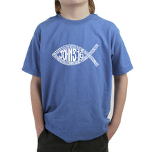 Load image into Gallery viewer, John 3:16 Fish Symbol - Boy&#39;s Word Art T-Shirt