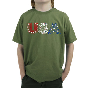 USA Fireworks - Boy's Word Art T-Shirt