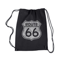 Load image into Gallery viewer, CITIES ALONG THE LEGENDARY ROUTE 66 - Drawstring Backpack