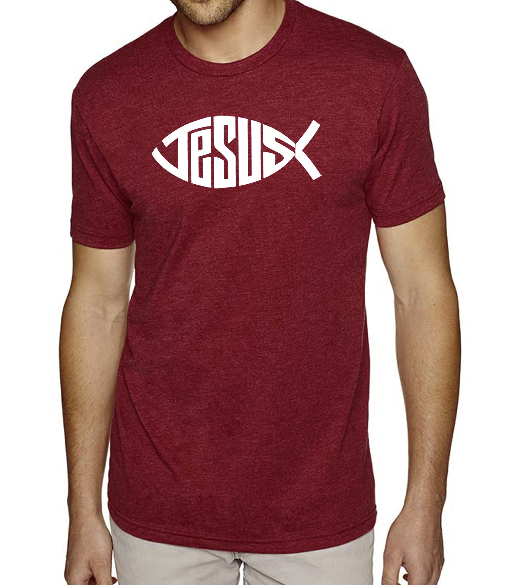 La Pop Art Men's Premium Blend Word Art Graphic T-Shirt - Christian Jesus Name Fish Symbol, Burgundy, Small, Cotton