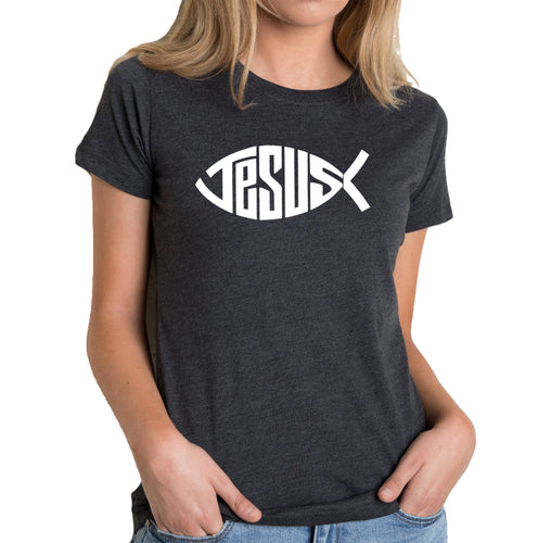 Christian Jesus Name Fish Symbol - Women's Premium Blend Word Art T-Shirt