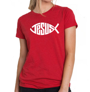 Christian Jesus Name Fish Symbol - Women's Premium Blend Word Art T-Shirt