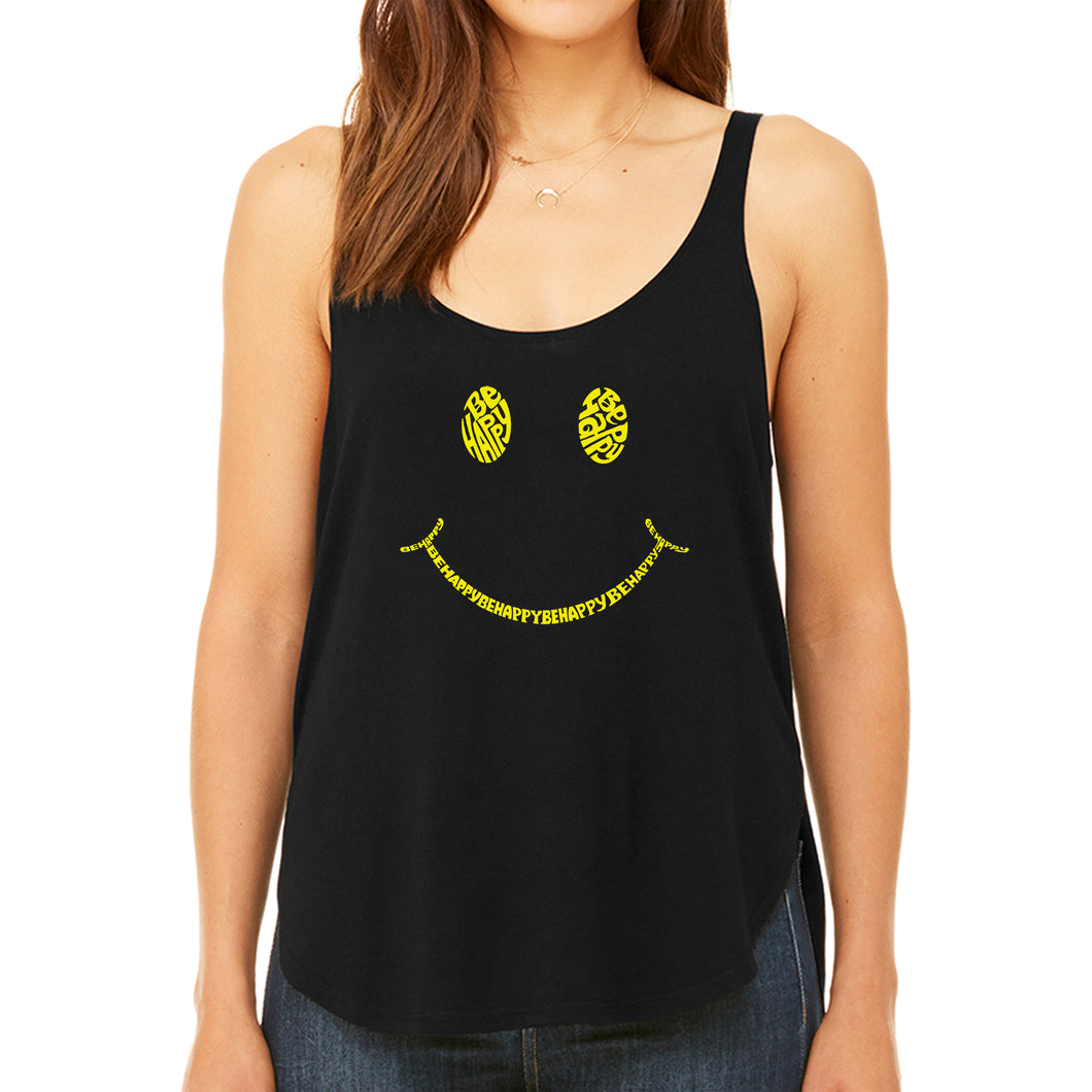Be Happy Smiley Face  - Women's Premium Word Art Flowy Tank Top