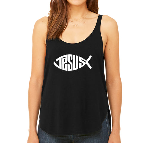 Christian Jesus Name Fish Symbol - Women's Word Art Flowy Tank Top